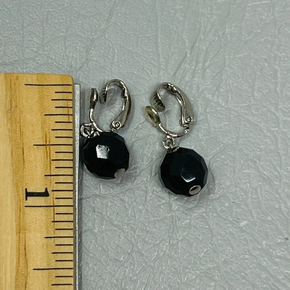 Black Faceted Bead Clip-On Earrings‎ Silver Tone Dangle Minimalist